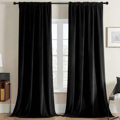 Black Velvet Curtains 84 inch Length 1 Panels, Luxury Blackout Rod Pocket Curtains, Super Soft Room Darkening Drapes for Living