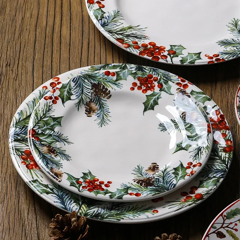 Christmas Ceramic Dinner Plate Set Household Underglaze Flat Round Dim Sum Decorative Sushi