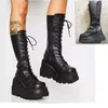Damen Plateaustiefel Punk Mittelkalb Damenstiefel Gothic Stil Dickbesohlte Motorrad Ritterstiefel Designer Mode Damenschuhe
