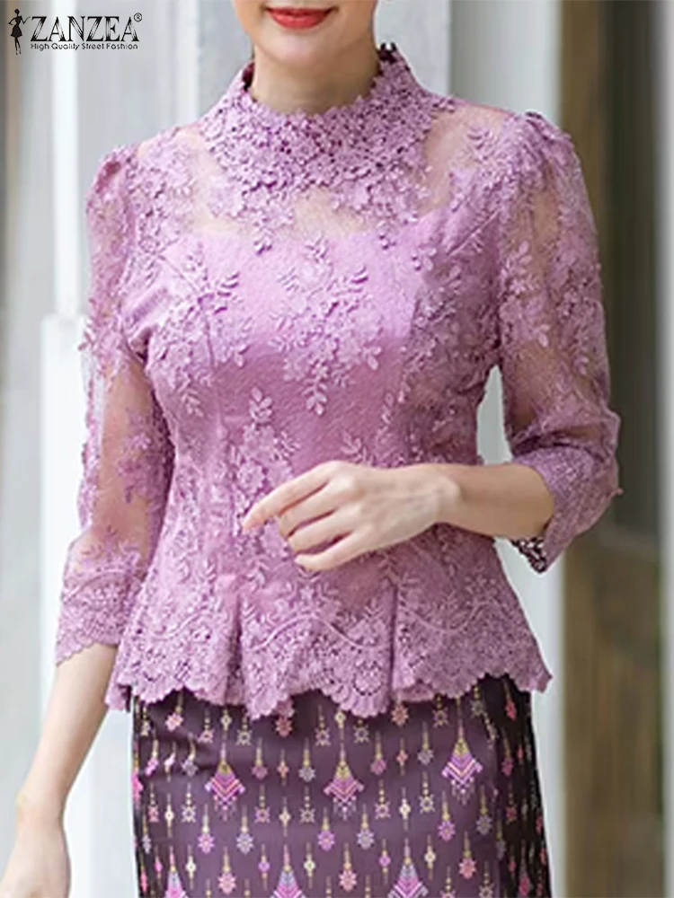 Sommer Spitze Bluse Frauen Tops Vintage Aushöhlen Floral Blusas 3/4 Hülse O Neck Tuniken 2025, ZANZEA Casual Transparent Pullover
