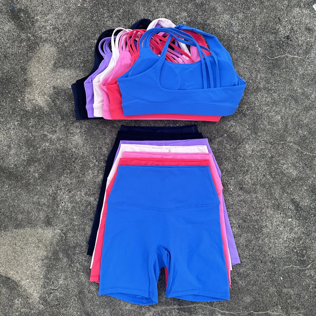 Einfarbig Gym Yoga Kurze Legging Set Weiche Enge Frauen Dünne Schulter Gurt Weste Fitness Bh Sport Radfahren Kurze 2pc sportswear Image
