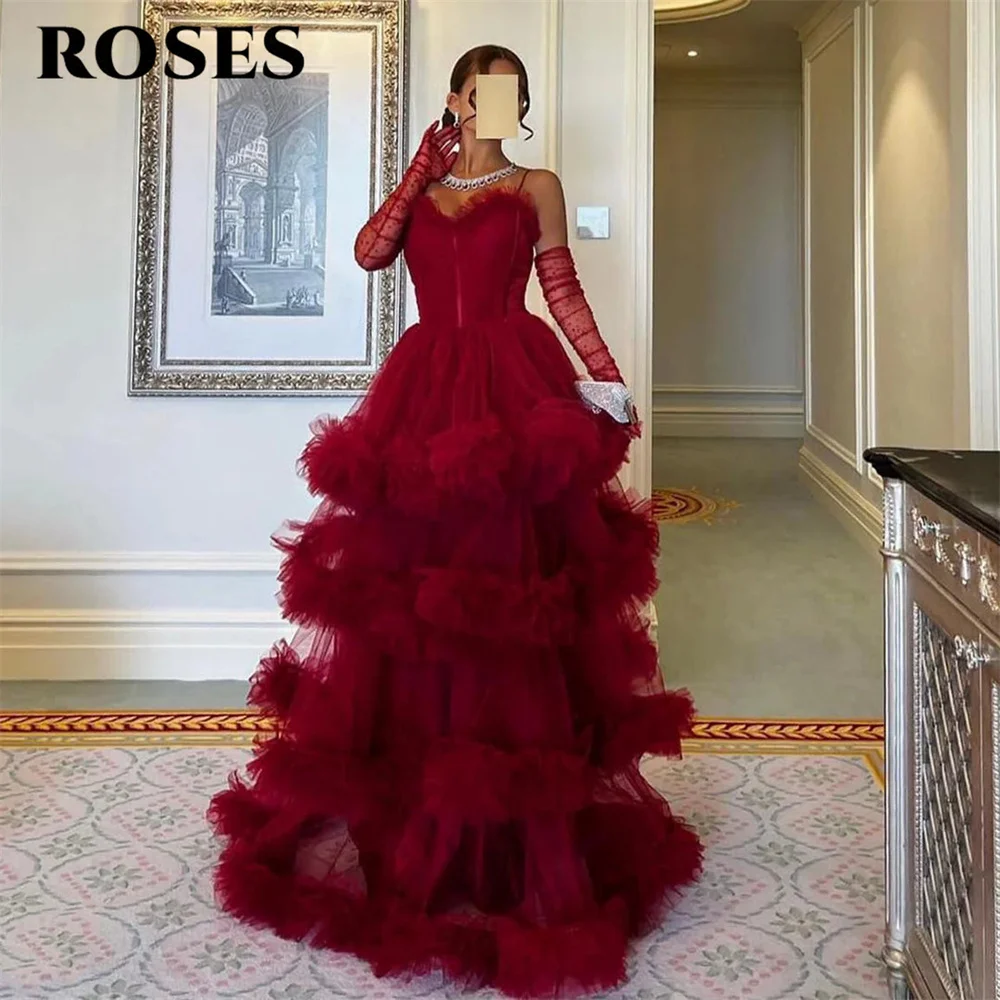 ROSES Dusty Pink Elegantes Ballkleid Tüll Schatz Formelles Kleid Falten Gestuftes A-Linie Schulterfreies Abendkleid Maßgeschneidert