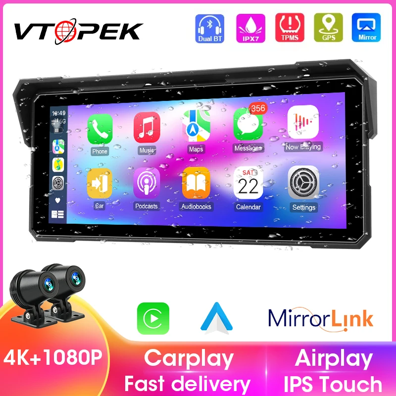 Vtopek Tragbare 7/8 "Wasserdichte Motorrad GPS Navigation 4K Moto DVR Drahtlose Carplay Android Auto Motorrad Recorder Monitor Image