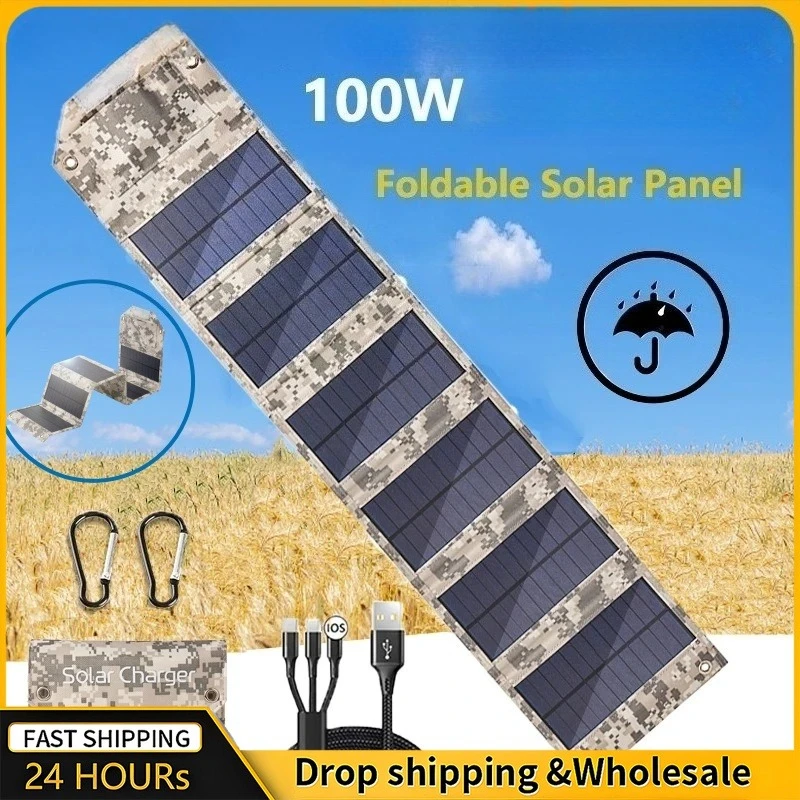 100 W/60 W faltbares Solarpanel USB 5 V Solarladegerät Tragbare Solarbatterie Solar Power Bank für Outdoor Camping Wandern + Kabel Image