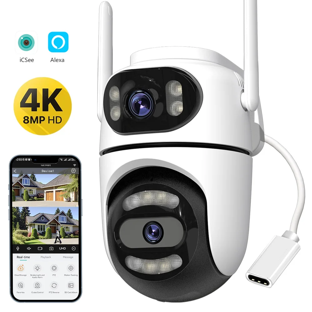 8MP 4K HD Wifi PTZ Telecamera iCsee APP Doppia Lente Doppia Schermi Video Sorveglianza Telecamera IP Ai Tracking Sicurezza Domestica Esterna CCTV