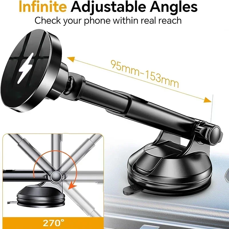 UYUXIO Magnetisches kabelloses Autoladegerät, 15 W, Schnellladung, Autohalterung, Telefonhalterung, Armaturenbrett, Windschutzscheibe für iPhone 16 15 14 13 12 Pro Max Image