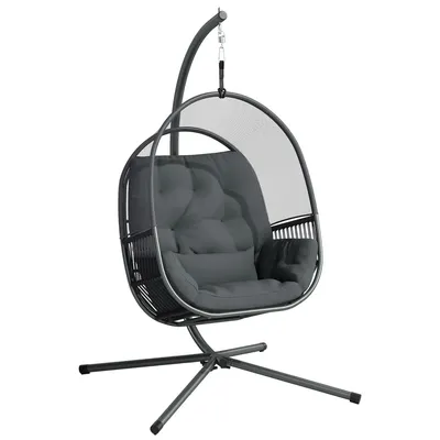 Cozy Hanging Egg Swing Chair Indoor Outdoor with Adjustable Height Cushions Steel Frame for garden Patio Lounge Dark Grey
