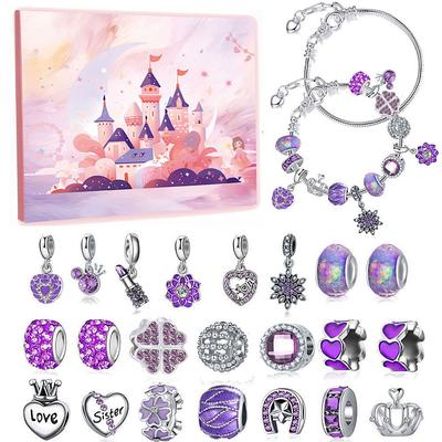 Christmas Advent Calendar, DIY 24 Days Xmas Countdown Bracelet Set, Purple Bead Charm Kit, Jewelry Making Gift for Girls, Birthday or Graduation Handcrafted Bracelet Blind Box