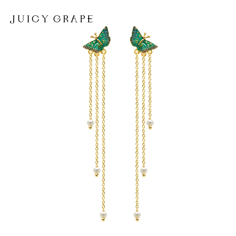 JUICY GRAPE Schmetterlings-Quasten-Ohrring für Damen, elegante lange Quasten-Perlen-Ohr-Anhänger, S925-Sterlingsilber, Nadel, 18 Karat Gold