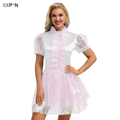 Süßes französisches Dienstmädchen-Cosplay-Kleid für Damen, bunt, glitzernd, geschwollenes Kleid, Halloween, Maskerade, Party, Anime, Lolita, Rollenspiel-Kostüm Image