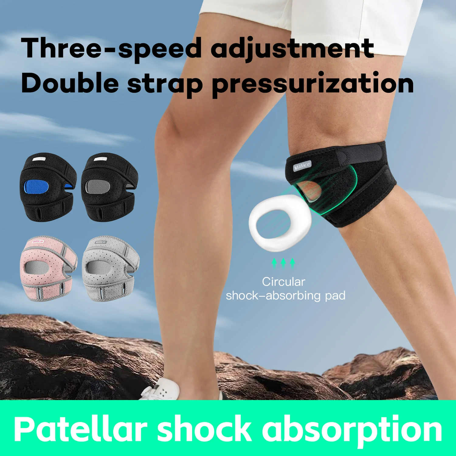 1 doppelt verstellbarer Sport-Knieschoner, Patella-Gurt, Knie-Stoßdämpfer, Kompressions-Beinstütze, geeignet für Basketball, Fußball Image