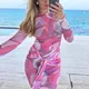 Sexy Frauen Dünne Mesh Bodycon Kleider Frühling Sommer Strand Cover Up Kleid Mode Oansatz Lange Ärmeln Hohe Taille Urlaub Kleid