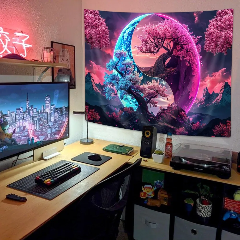 VIKAMA Yin Yang Energie-Wandteppich, zwei Farben, verheißungsvoller Wolkenbaum, kosmische Berge, Hintergrund, Meditation, Raumdekoration Image