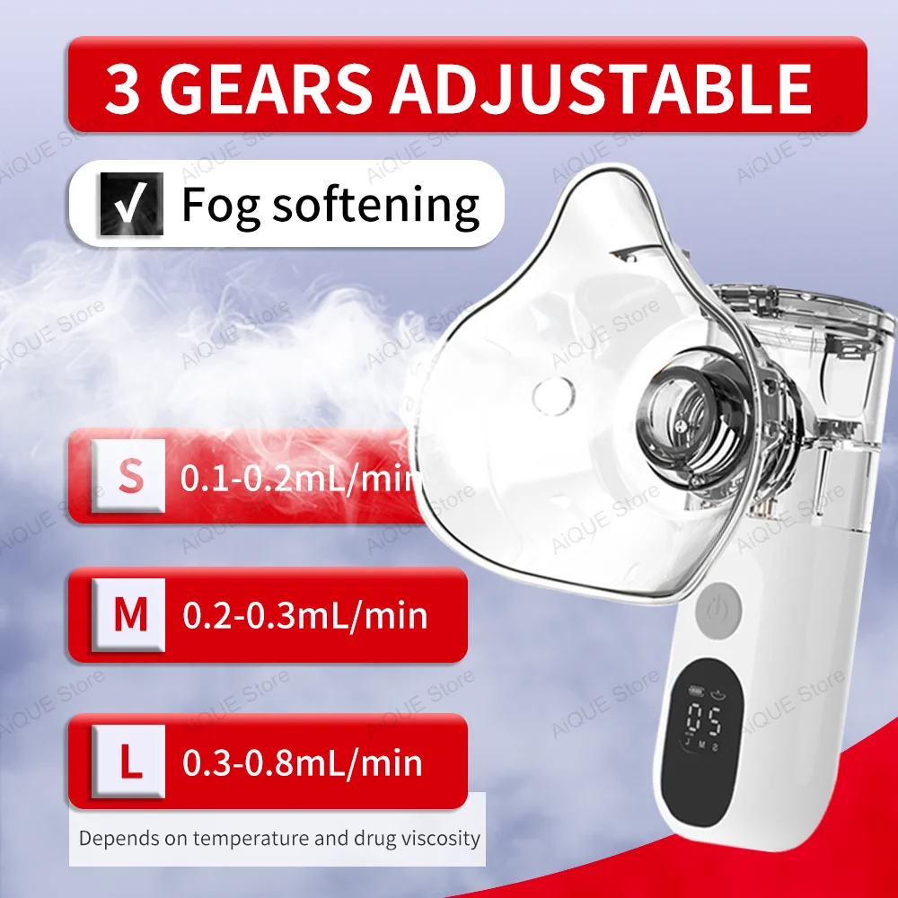 AiQUE 3,5 μm wiederaufladbarer Mesh-Vernebler mit LED-Bildschirm, leiser tragbarer medizinischer Handvernebler, Inhalator, Inhalator, Zerstäuber Image