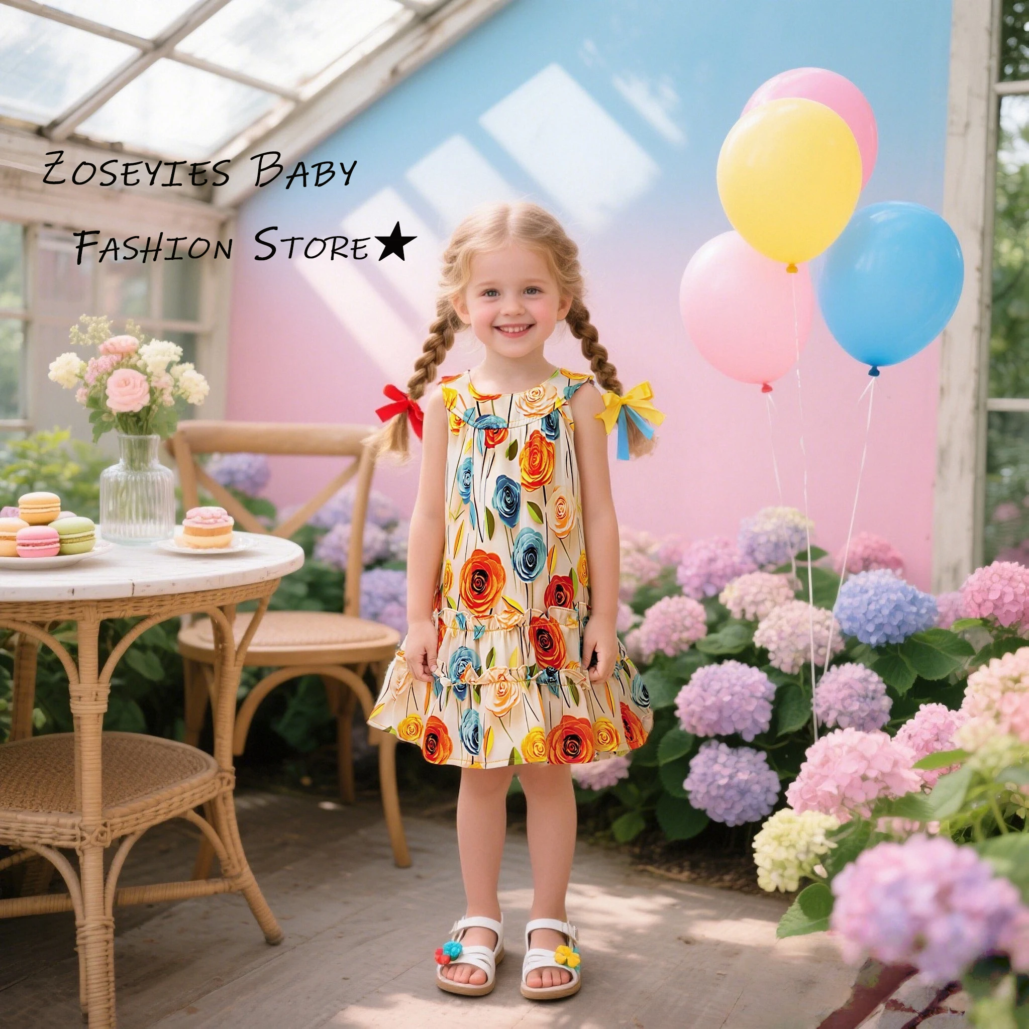 Mädchen Kleid Sommer Voll-Print Rose Baumwolle Neckholder Baby Mädchen Kleid Nette Strand Baby Kleid Mit Hut Baby Mädchen kleidung Image