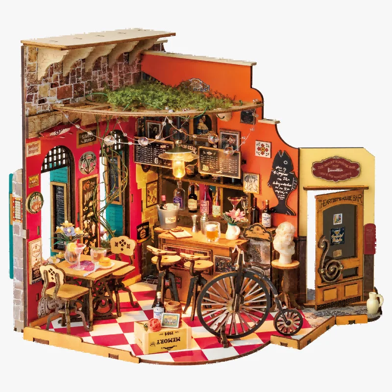 Robotime Rolife bricolage Cheers Bar & salle à manger maison de poupée avec meubles maison de poupée Miniature Kits en bois jouet pour enfants adultes (DG173)