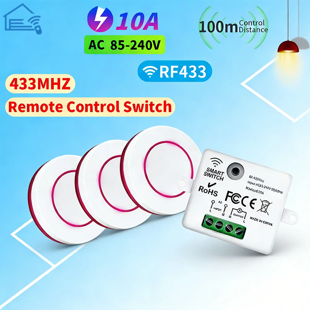 Fernbedienungsschalter für drahtlose Beleuchtung vom Typ RF433, geeignet für AC 110 V bis 220 V Spannungsbereich, Nennstrom 10 A, Mini-Modular Image