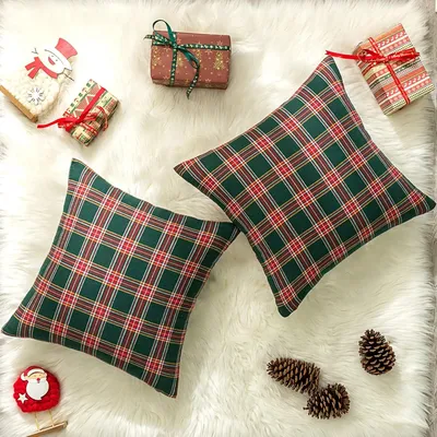 2 Stück Weihnachts-Kissenbezüge mit Karomuster, dekorative Dekokissenbezüge, schottischer Tartan-Kissenbezug für Bauernhaus, Zuhause, Urlaub, Dekoration, Rot und Grün Image