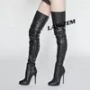 LAIGZEM Frauen Oberschenkel Hohe Stiefel Runde Kappe Seitlichem Reißverschluss Dünne High Heels Stiefel Über Knie Damen Schuhe Frau Plus Größe 39, 41 45 50 52