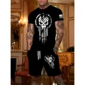 2025 Abbigliamento da uomo estivo T-shirt a maniche corte con grafica teschio Pantaloncini in vita elastica Set da 2 pezzi T-shirt da uomo taglie forti Set di pantaloncini
