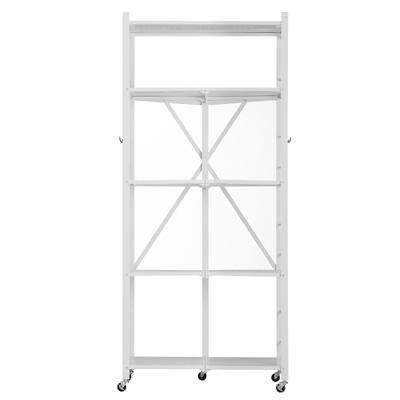 White Carbon Steel Folding Garage Storage Shelf with 5 Swivel Wheels and J-Hooks - 15 x 28 x 64 in