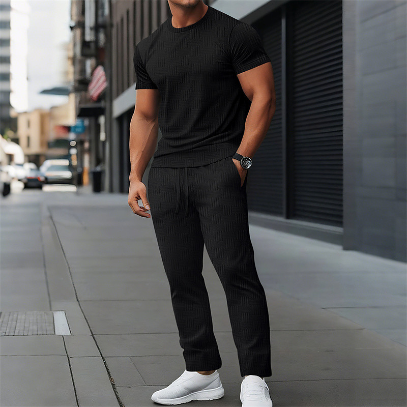 Men's T-shirt Suits Shirt and Pant Sets 2 Pieces Outfits Short Sleeve Crewneck Summer Spring Plain Fashion Casual 2 Piece Vacation Daily Wear Going out Black White Khaki Top Tee for Men