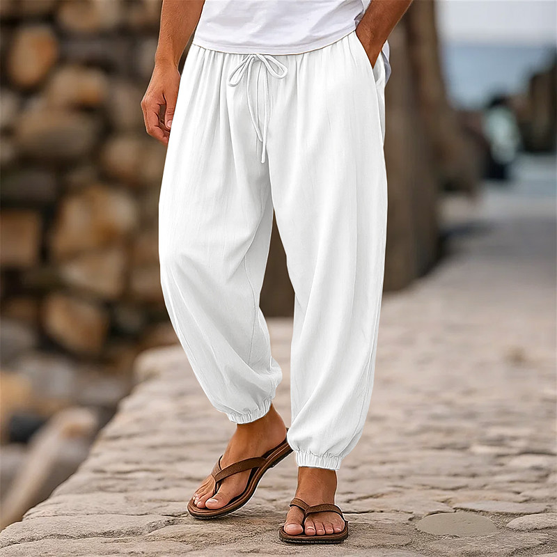 Men's Linen Pants Trousers Summer Pants Jogger Pants Elastic Waist Straight Leg High Rise Solid Color Plain Comfort Breathable Full Length Wedding Holiday Vacation Fashion Black White High Waist
