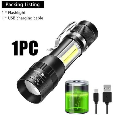 Mini Portable Zoomable Flashlight, USB Rechargeable Small Torch For Outdoor Camping, Fishing & Emergency Use black