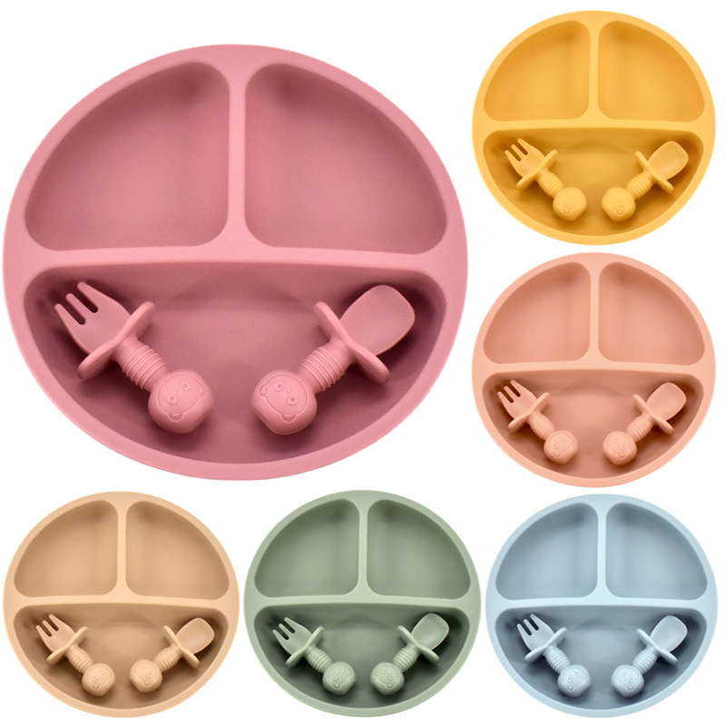Baby Safe Silicone Dining Set: 4Pcs Cute Cartoon Dishes, Smile Face Kids Tableware Beige