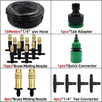 Premium Outdoor Misting Cooling System: Brass Atomizer Nozzles, Patio Garden Irrigation, 1 4'' Hose KIT001 15M