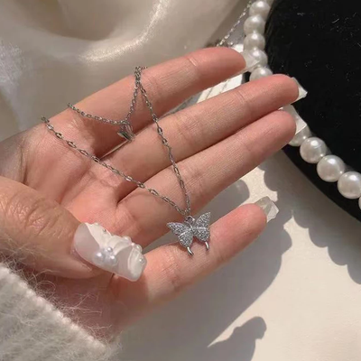 Double Layered Butterfly Necklace Silver Choker Chain Double Layered Butterfly Necklace Silver Choker Chain