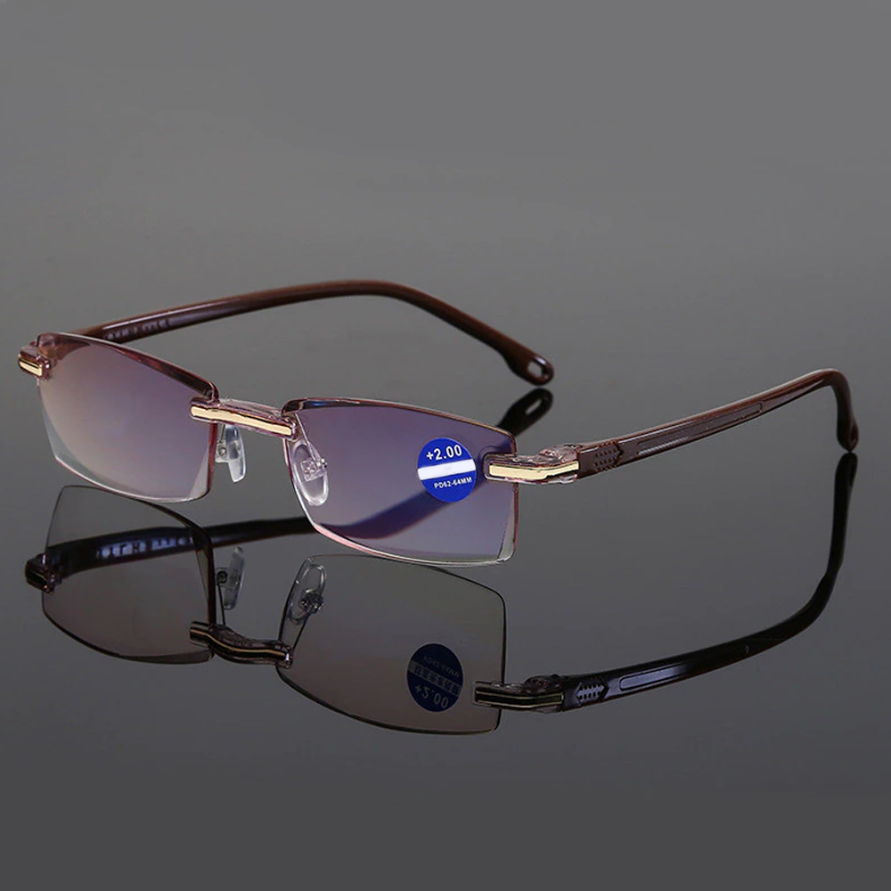 Multifocal Rimless Blue Light Glasses | Presbyopic Anti Blue Rimless Glasses |Stylish Rimless Blue Light Reading Glasses Tea 200