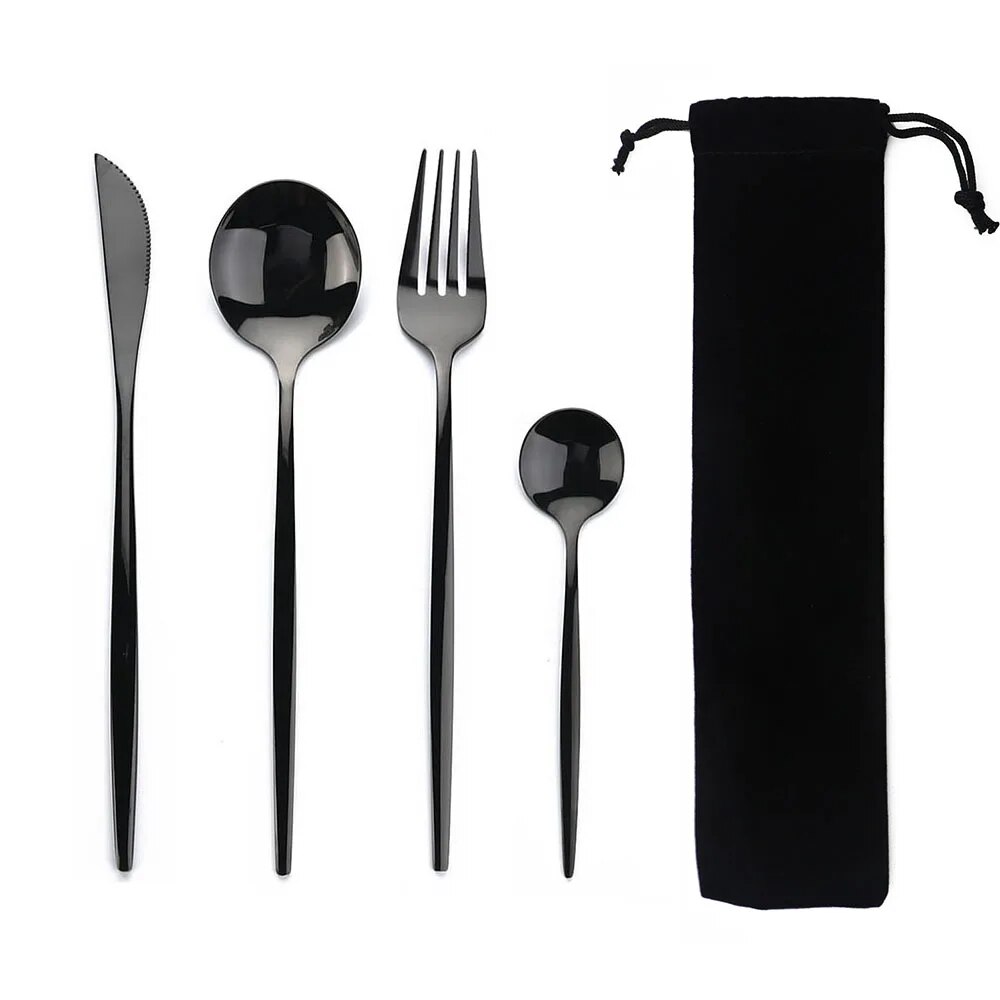 Portable Stainless Steel Dinnerware Set With Bag | 4Pcs Cutlery Flatware For Kitchen, Dining, Tea Time Rainbow