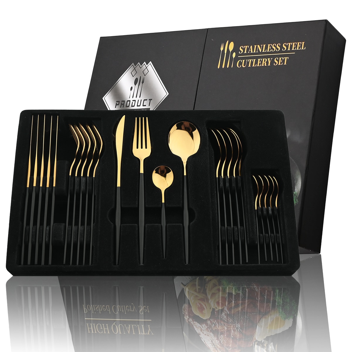 24 Piece Black Handle Golden Cutlery Set | Stainless Steel Knife Fork Spoon | Tableware Flatware Set For Kitchen & Dinin Black Silver