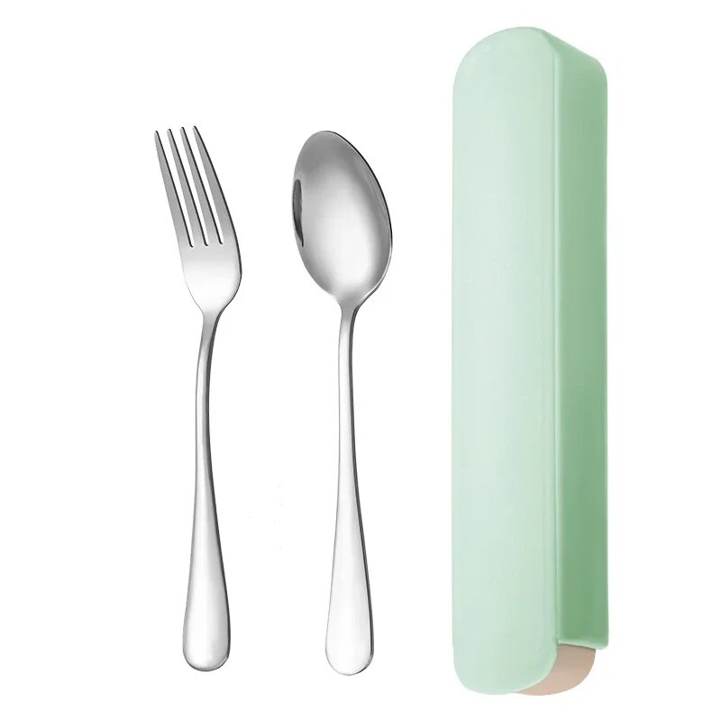 Portable Stainless Steel Cutlery Set With Storage Box Ideal For Travel, Camping, Household Use Green B