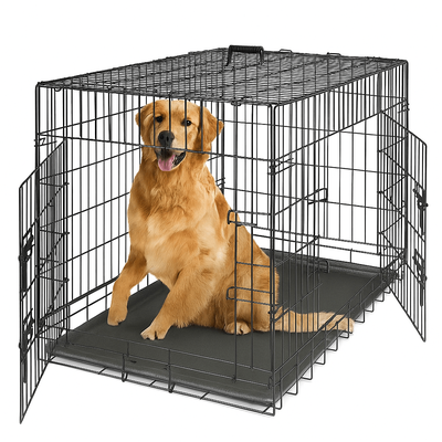 42 Inch Folding Metal Dog Crate With Double Doors And Leak Proof Tray 42 Inch Folding Metal Dog Crate With Double Doors And Leak Proof Tray