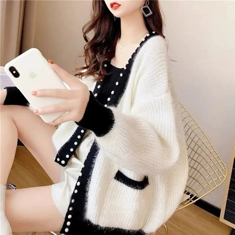 Autumn Winter Thick Warm Chic Beading Sweater Fashion Loose Knitted Coats New Casual Soft Streetwear Women Sweater Autumn Winter Thick Warm Chic Beading Sweater Fashion Loose Knitted Coats New Casual Soft Streetwear Women Sweater White S 40 45kg