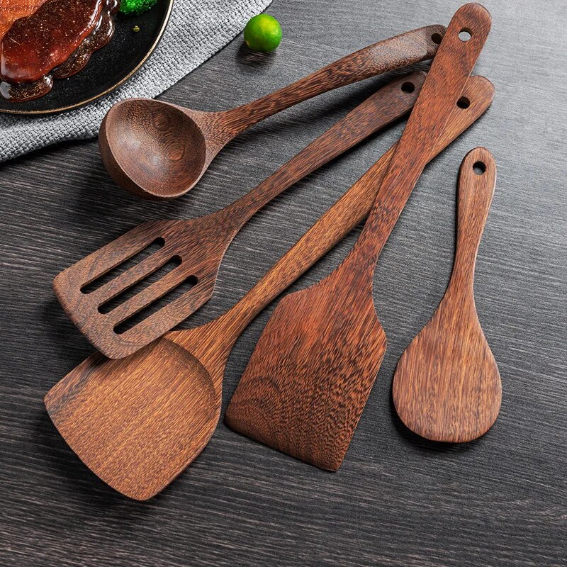 Non Stick Kitchen Utensils Set With Wooden Handles Soup Spoon, Spatula, Rice Spoon, Shovel & More Kitchen Accessories 3