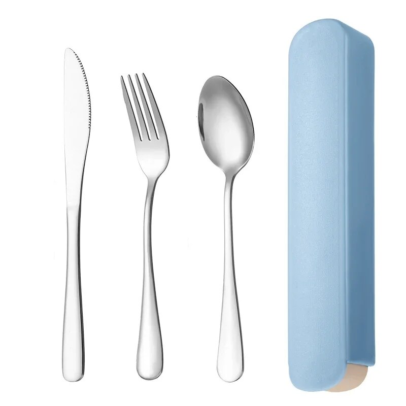 Portable Stainless Steel Cutlery Set With Storage Box Ideal For Travel, Camping, Household Use Blue A
