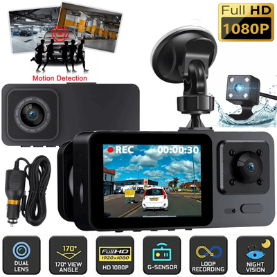 1080P HD Dual Lens Car Dash Cam, Front, Rear & Inside Video Recorder With G Sensor 1080P HD Dual Lens Car Dash Cam, Front, Rear & Inside Video Recorder With G Sensor
