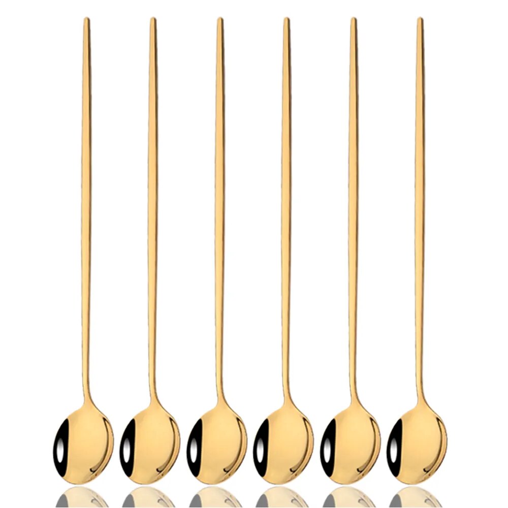 6Pcs Gold Cutlery Set: Coffee, Tea, Juice Spoons Long Handle Scoops For Ice Cream Kitchen Tableware Tools 6Pcs Black