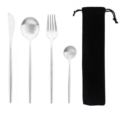 Portable Stainless Steel Dinnerware Set With Bag | 4Pcs Cutlery Flatware For Kitchen, Dining, Tea Time Matte Silver