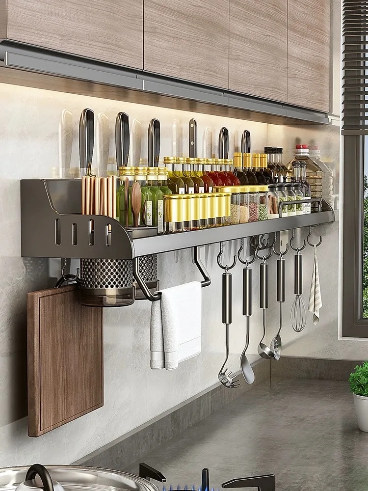 Kitchen Spice Storage & Knife Holder Stand Spice Rack Organizer With Spoon Rest & Hanging Organizers 8