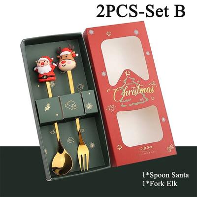 Christmas Party Cutlery Set: Stainless Steel Tableware, Gold Spoon & Forks Xmas Decoration Gift (2 4 6Pcs) 2PCS SetB