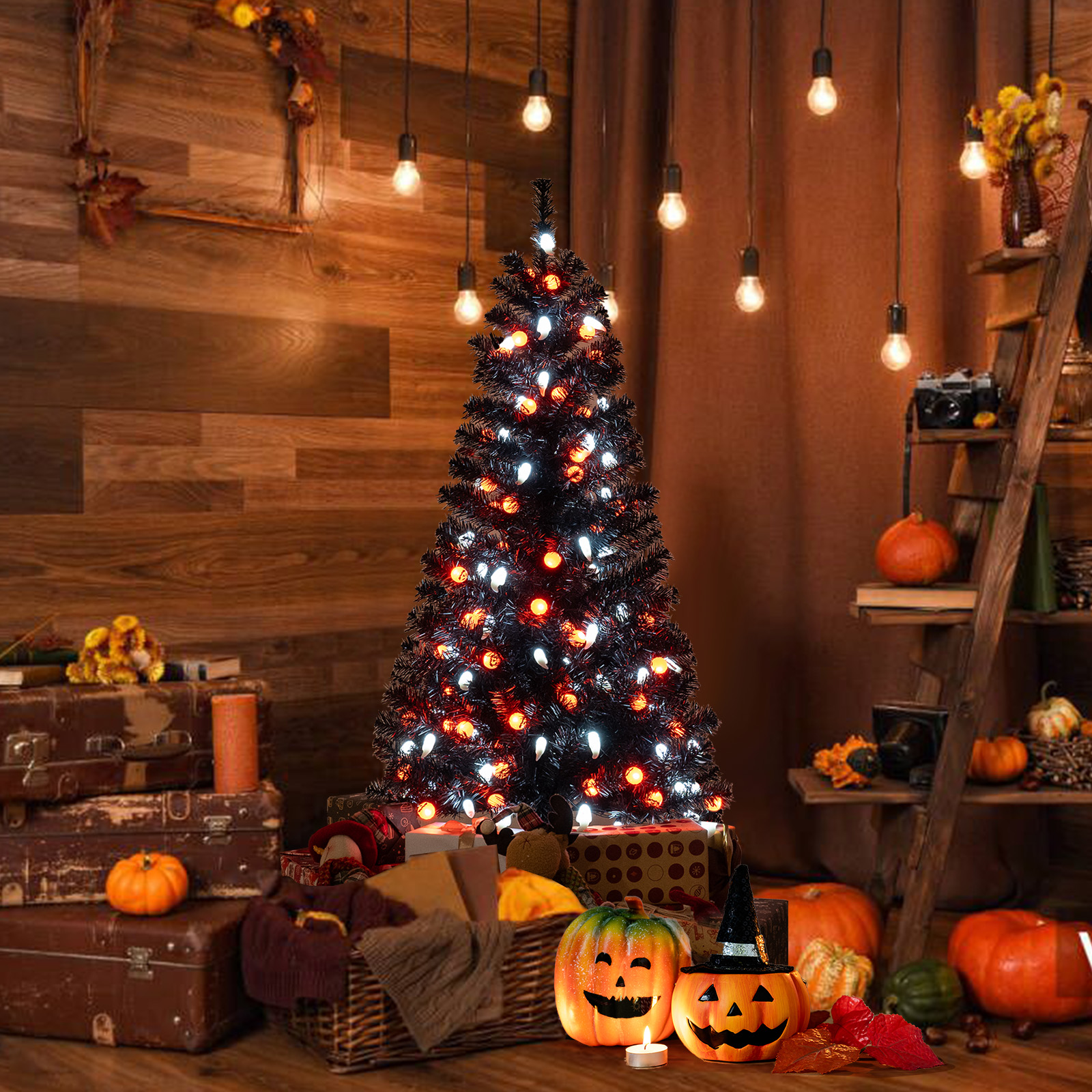 Black Artificial Halloween Tree With Ghost & Pumpkin Lights, Interactive Music & Light Show Black Artificial Halloween Tree With Ghost & Pumpkin Lights, Interactive Music & Light Show