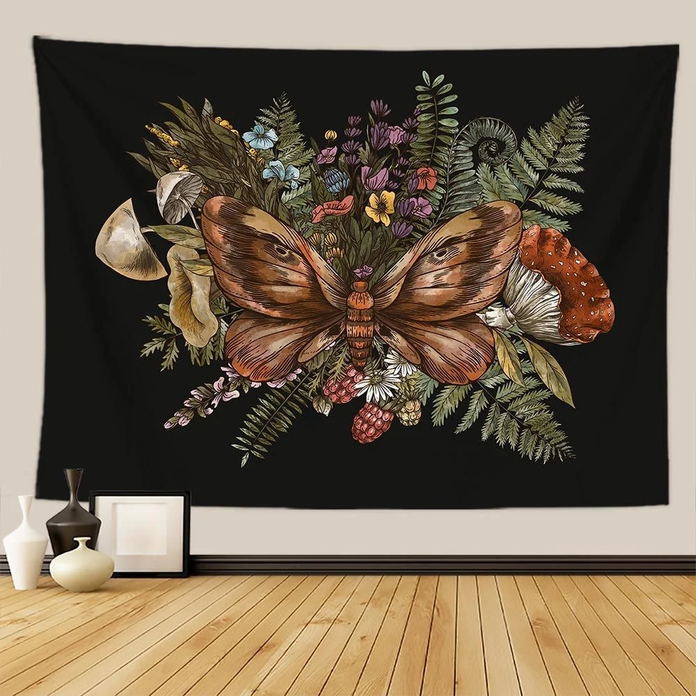 Botanical Print Floral Tapestry: Vintage Boho Mushroom & Wildflower Wall Hanging Colorful Home Decor TGA2167 75x58cm