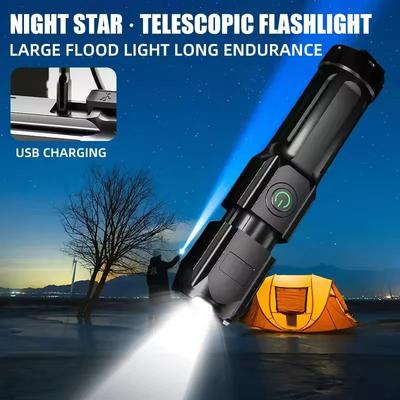 Rechargeable LED Camping Torch Flashlight, High Power USB Spotlight With Zoom Lantern, Waterproof, Built in Battery Rechargeable LED Camping Torch Flashlight, High Power USB Spotlight With Zoom Lantern, Waterproof, Built in Battery