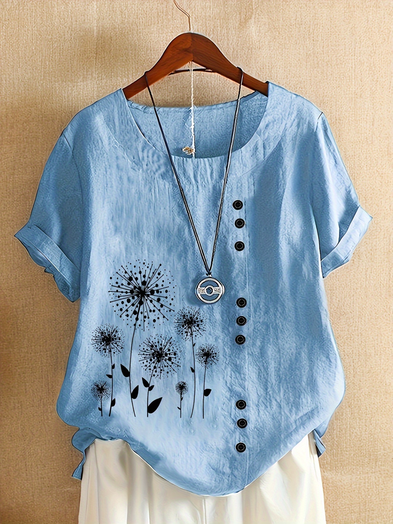 Plus Size Casual T shirt Women's Plus Dandelion Print Short Sleeve Round Neck Button Decor Tee blue 5xl