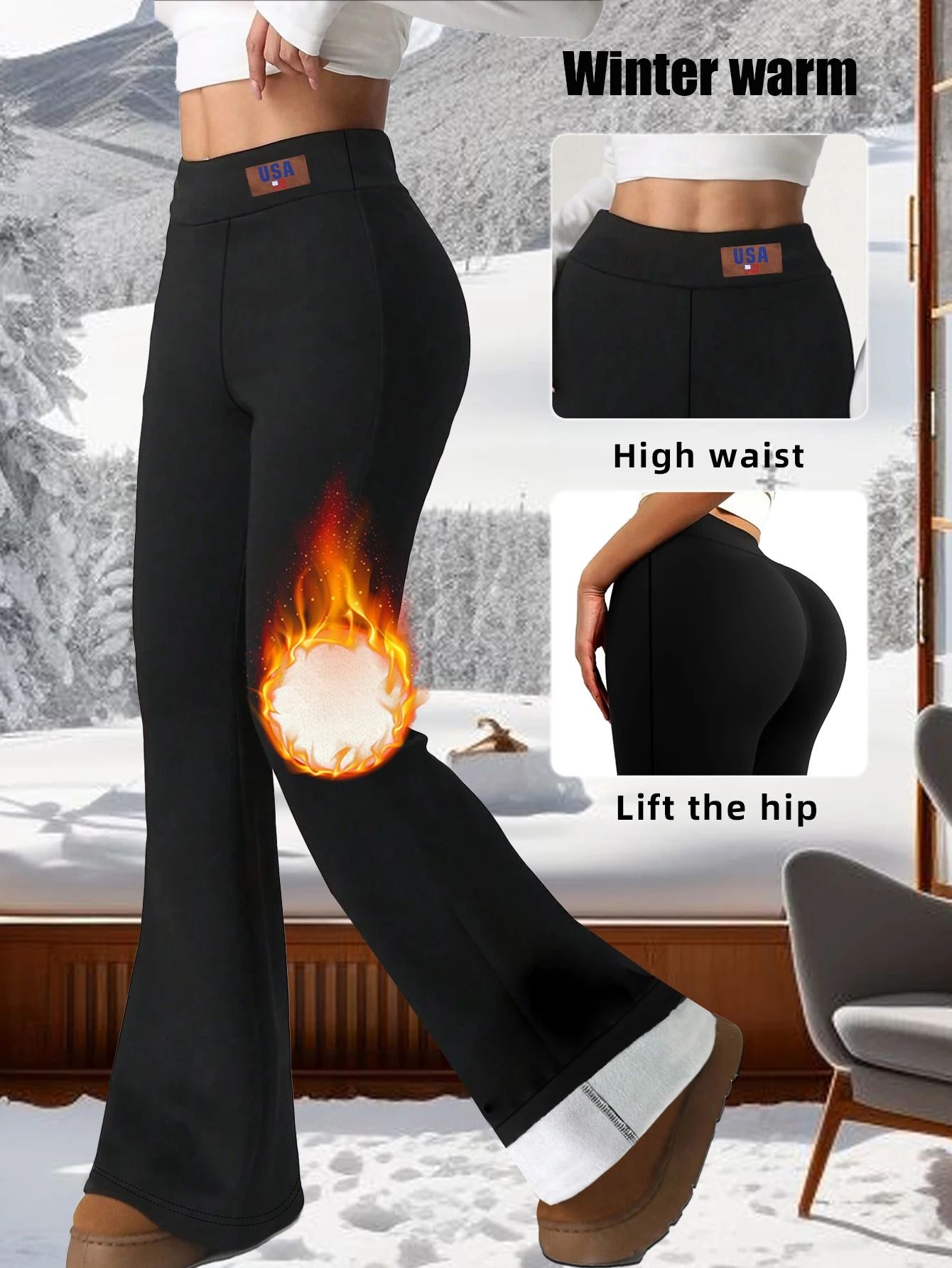 High Waist Plush Bell Bottom Warm Pants For Women Soft Thick Winter Trousers xl