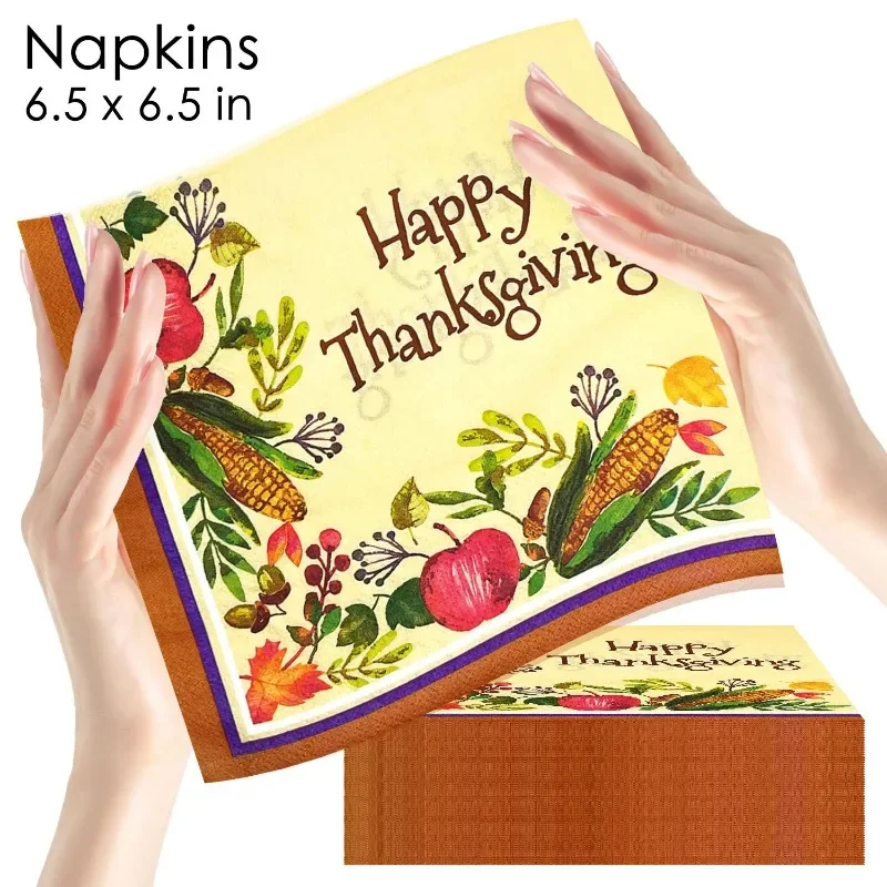 20 Stück 33 cm Thanksgiving-Elemente Mais Ahornblatt Gemüse Obst brauner Rand gelber Hintergrund Thanksgiving farbige Servietten Image